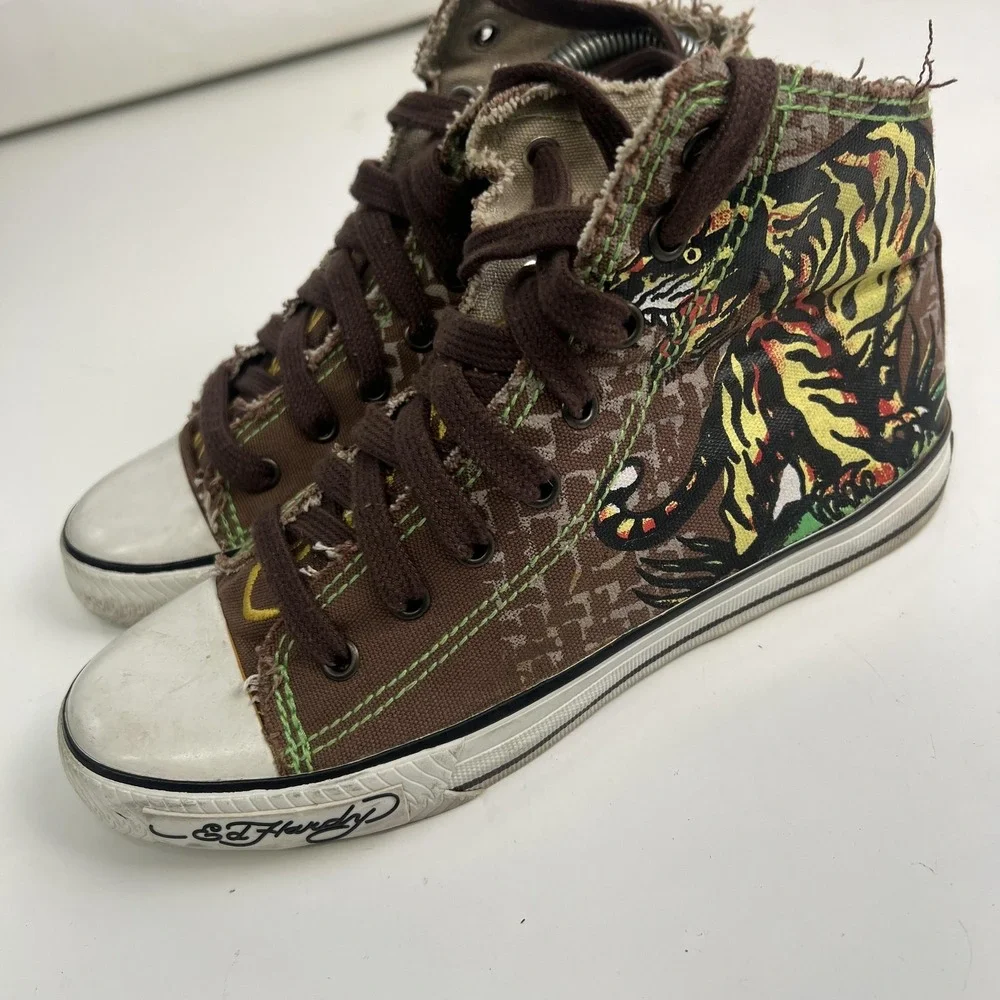 Ed Hardy Shoes Womens Size 7 Brown Tiger Canvas High Top Sneakers 18FHR107W